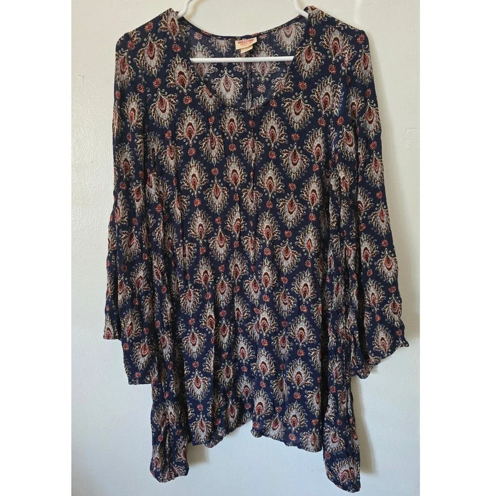 Mossimo Supply Co Navy Blue Paisley Sharkbite Hem Boho Tunic Top XL